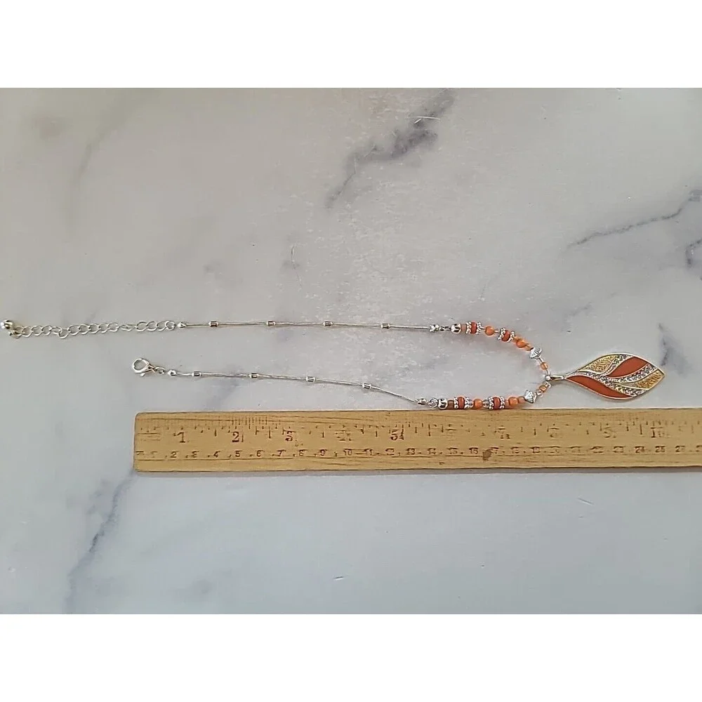 Salmon Enamel Rhinestone Beaded Leaf Pendant Adjustable Necklace
